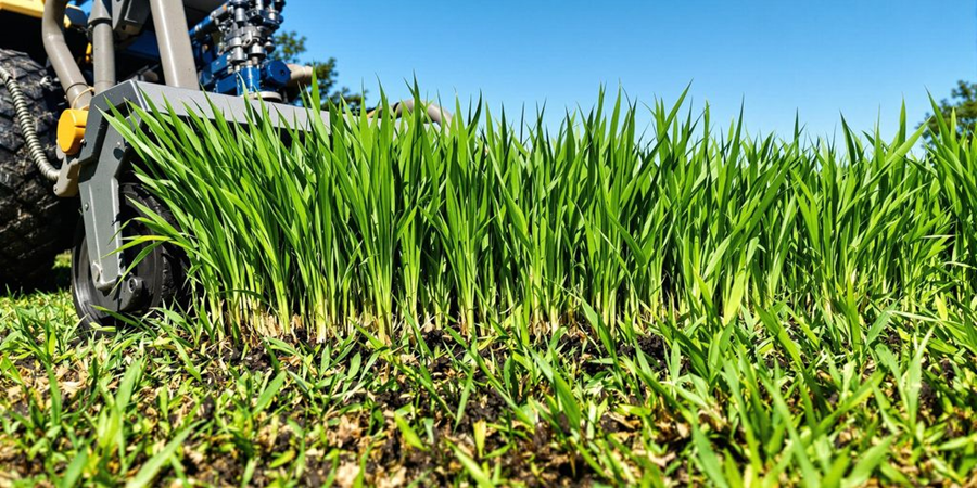  A tractor is actively cutting grass in a lush green field under a clear blue sky.